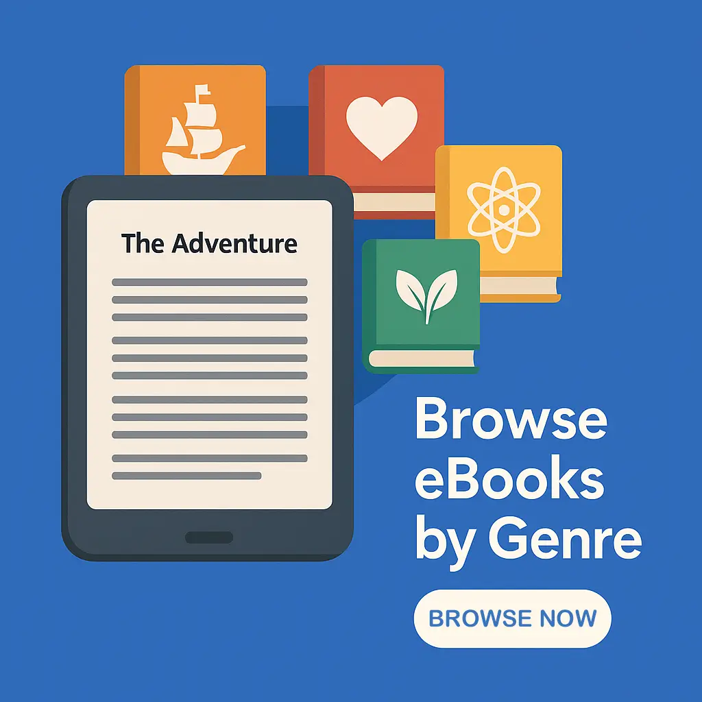 A modern square illustration showing an e-reader with genre icons and a blue theme, promoting eBook browsing by genre.